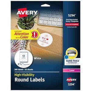 Avery Round Printable Labels, 2.5" Diameter, Matte White, Sure Feed Technology,